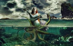    art, gods, Squid, seas, woman